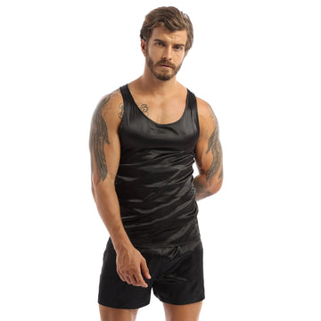 Riolio Men Satin Pajamas Pyjamas Set Sleepwear Pijama Summer Homewear Sleeveless Tops Shorts Suit Two Piece Set Men Sleepwear